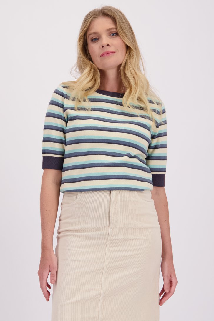Voorkant van Beige-blauw gestreepte trui met korte mouwen door Libelle voor Dames