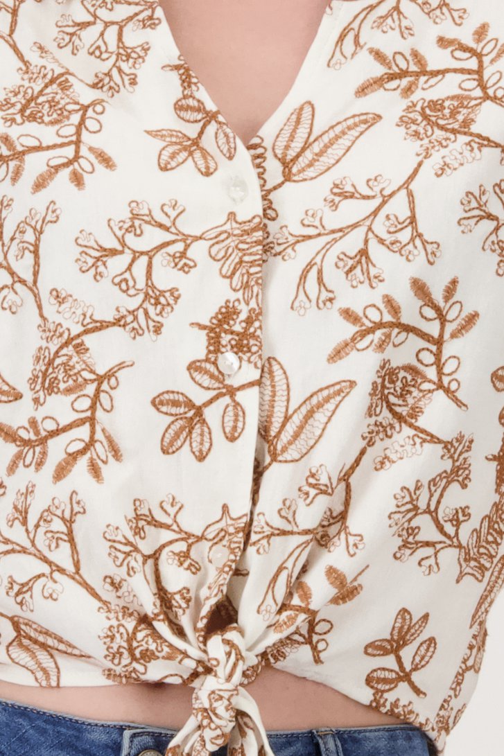 Beige blouse met strik en bruine bloemenbroderie van Geisha voor Dames