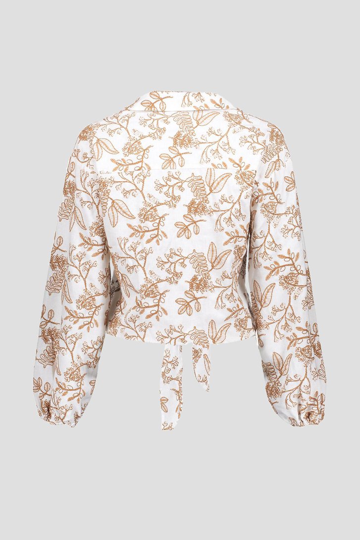 Beige blouse met strik en bruine bloemenbroderie van Geisha voor Dames