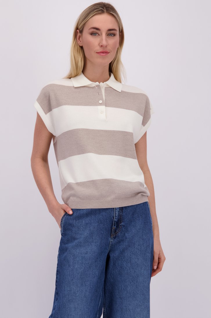 Voorkant van Beige-ecru gestreepte trui met polokraag door Liberty Island voor Dames