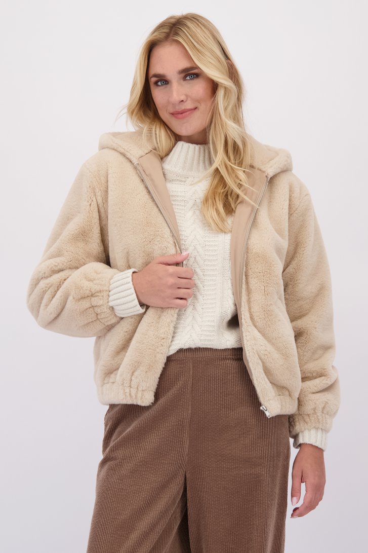 Voorkant van Beige faux fur jasje met kap door Liberty Island voor Dames