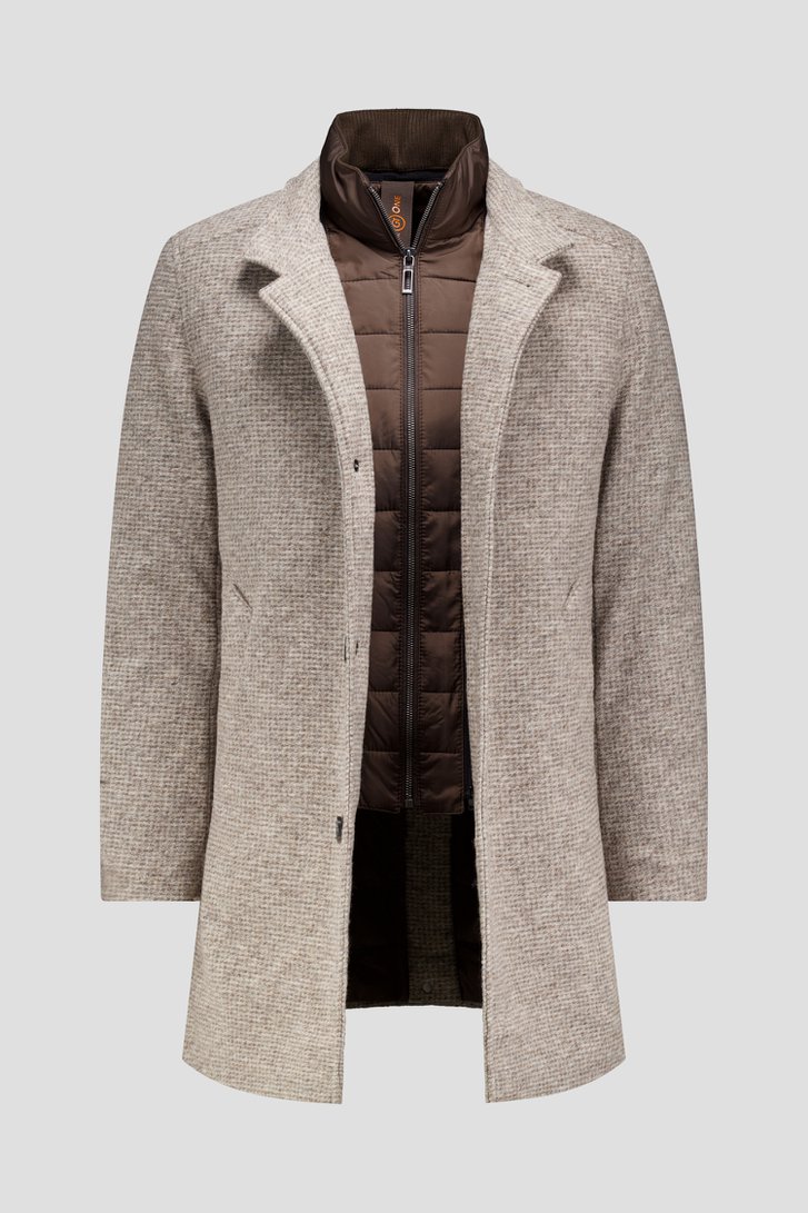 Productfoto 2 van Beige gemêleerde mantel met gewatteerd inzetstuk door Gate One voor Heren