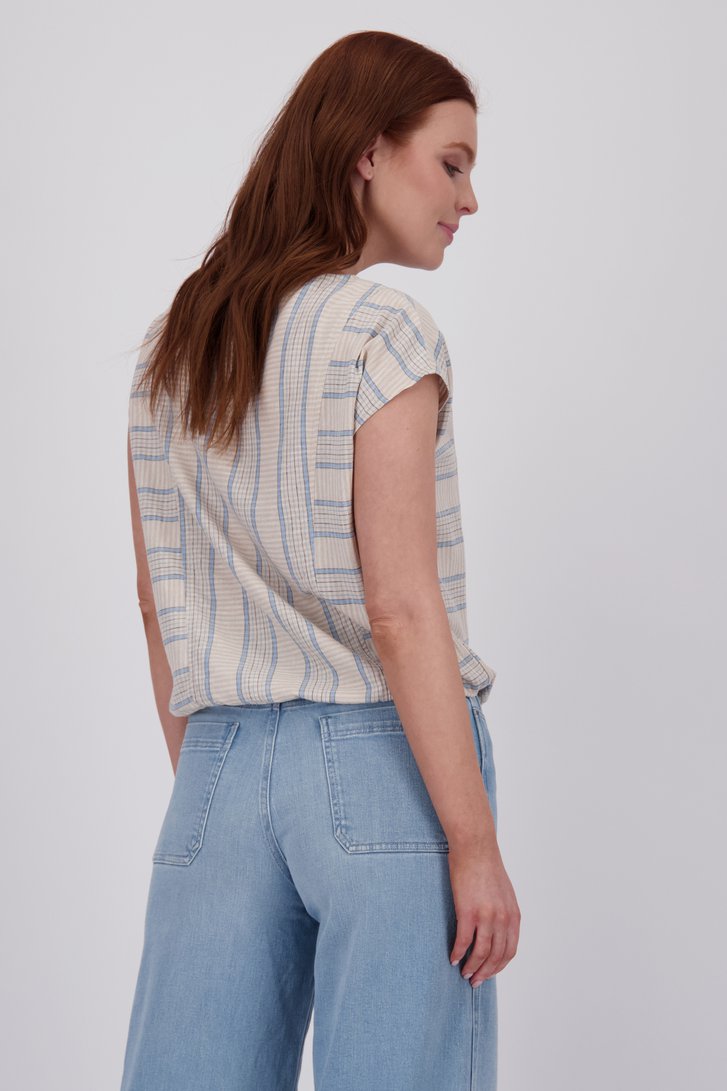 Beige geruite blouse met boothals en korte mouwen van Libelle voor Dames