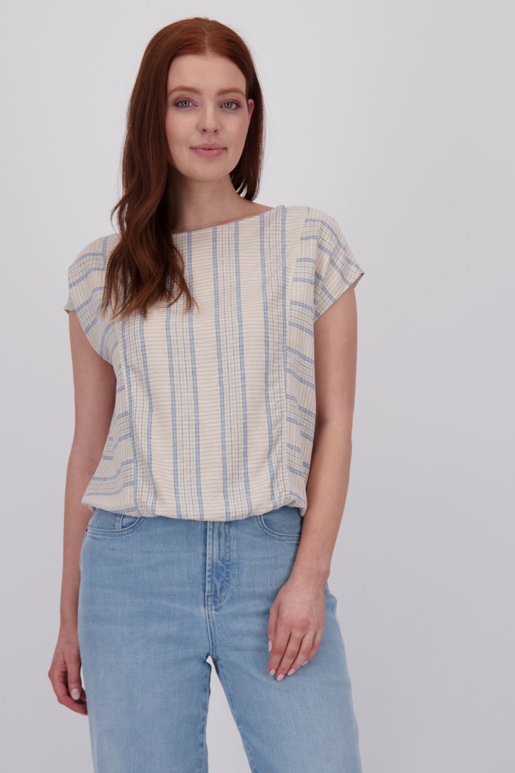 Beige geruite blouse met boothals en korte mouwen van Libelle voor Dames