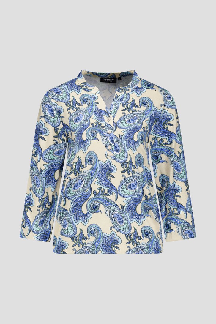 Beige T-shirt met blauwe paisley print van Signature voor Dames