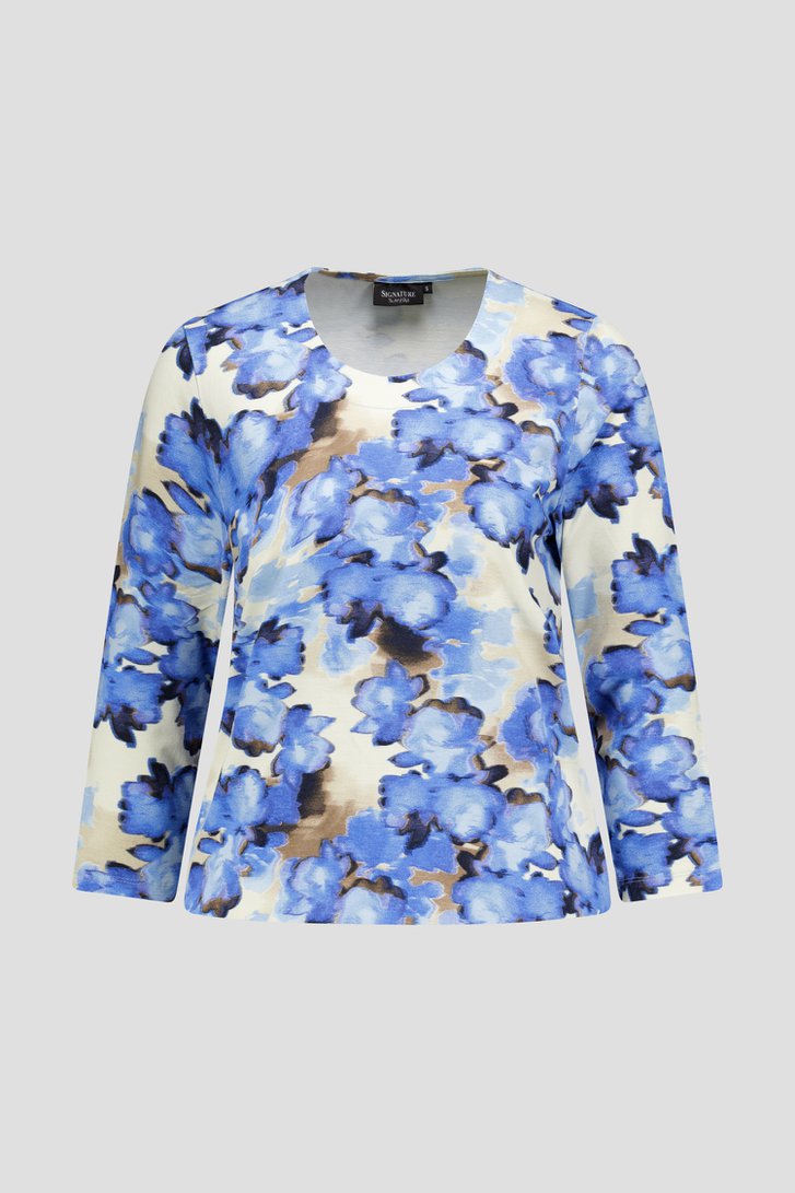Productfoto 1 van  Beige T-shirt met blauwe print door Signature voor Dames