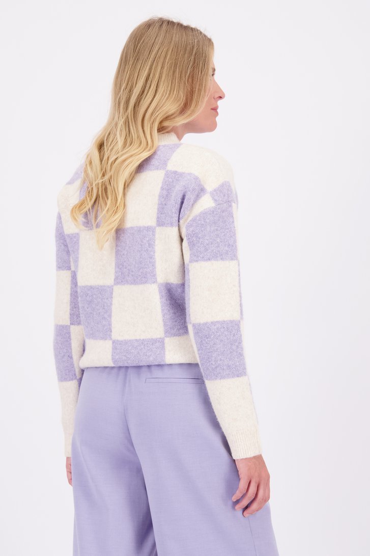 Achterkant van Beige trui met lila dambordmotief door Liberty Loving nature voor Dames