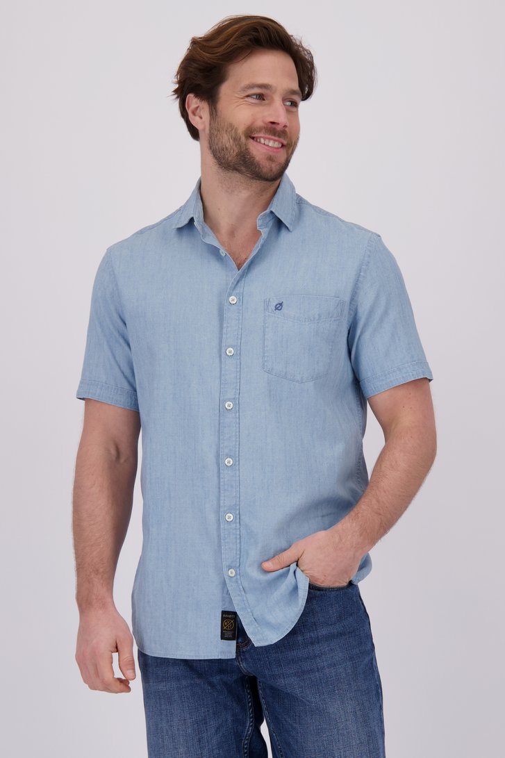 Blauw hemd met denimlook en korte mouwen van Ravøtt voor Heren