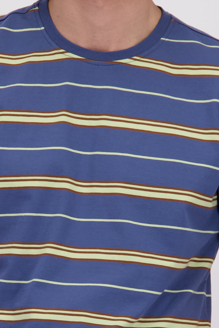Detail van Blauw T-shirt met beige-bruine strepen door Ravøtt voor Heren