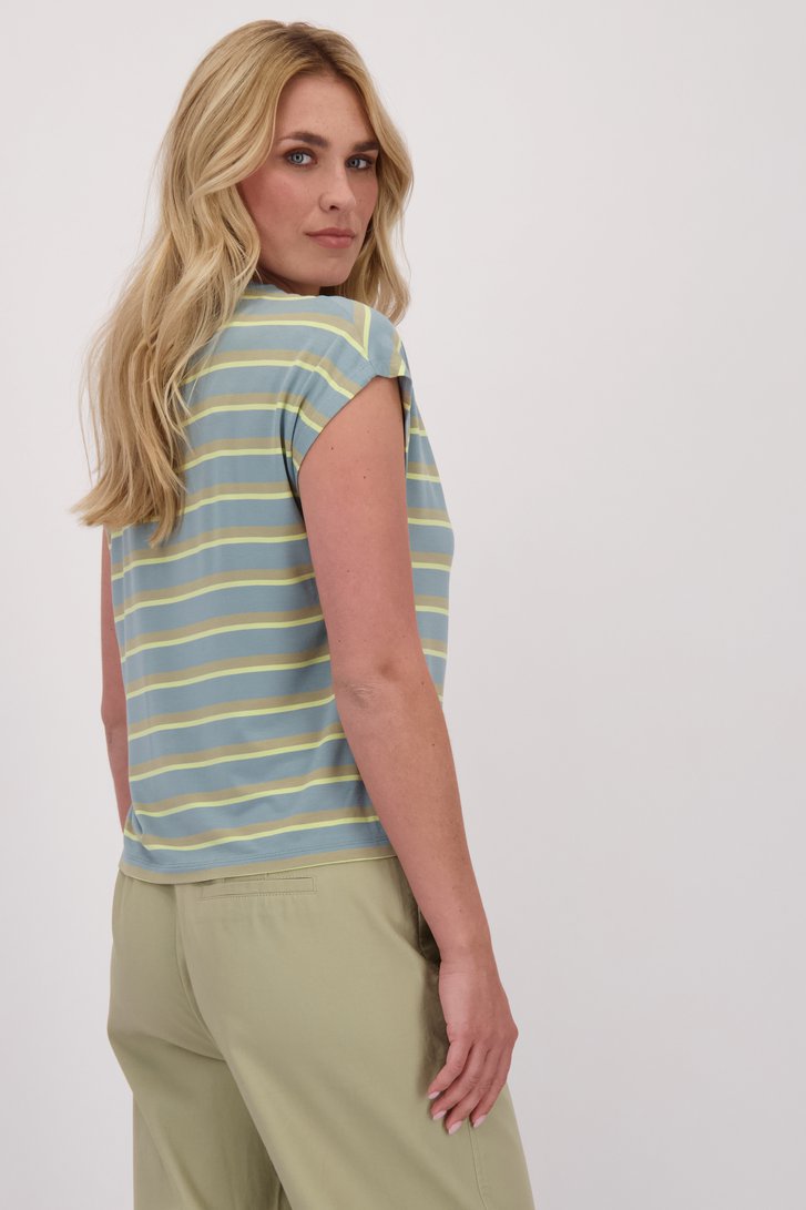 Achterkant van Blauw T-shirt met groen gestreept motief door Libelle voor Dames