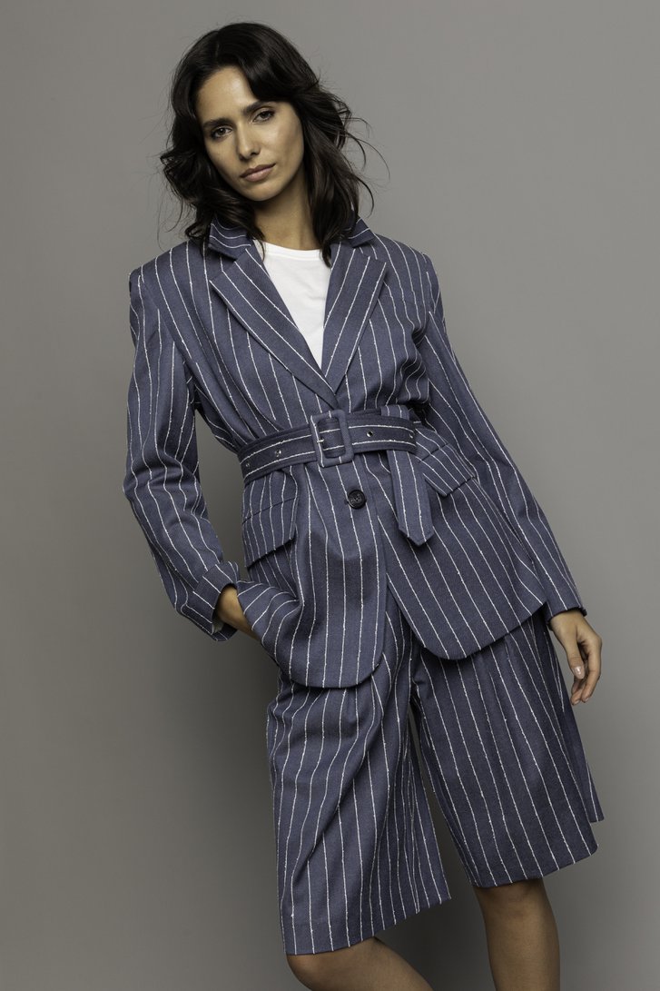 Voorkant van Blauw-wit gestreepte blazer met denim look door Louise voor Dames