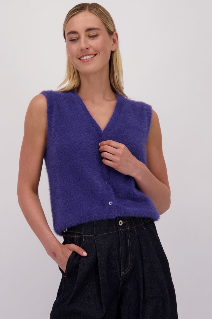 Voorkant van Blauwe fluffy mouwloze cardigan door Liberty Island voor Dames