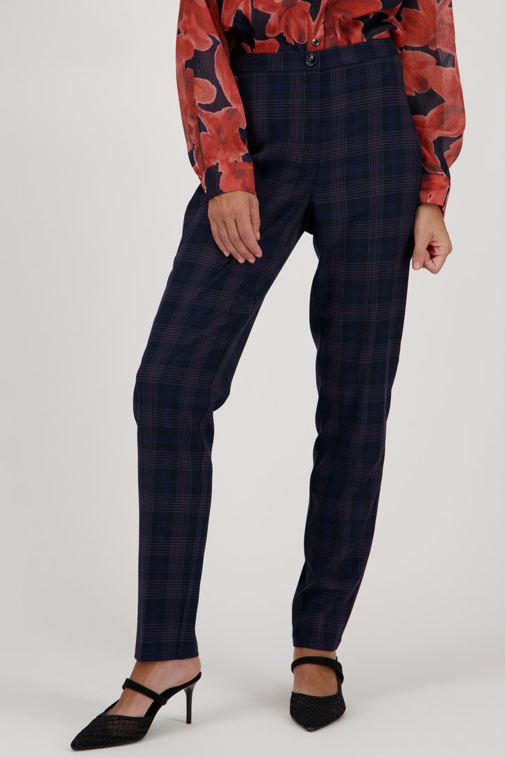 Blauwe geklede broek met fijn geruit patroon van Claude Arielle voor Dames