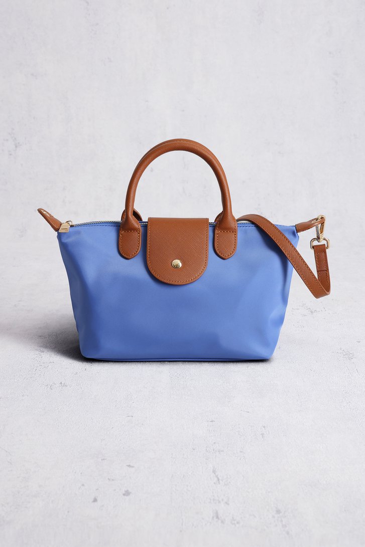 Voorkant van Blauwe handtas met bruine leather look afwerking door Liberty Island voor Dames
