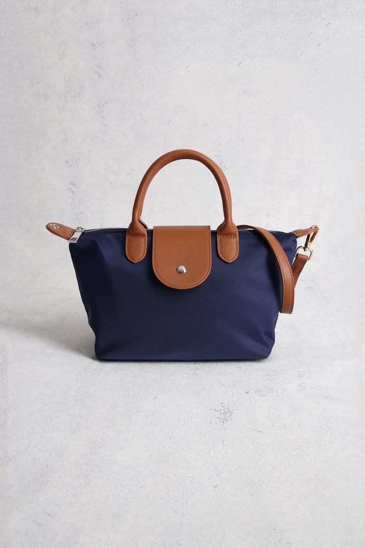 Voorkant van Blauwe handtas met bruine leather look afwerking door Liberty Island voor Dames