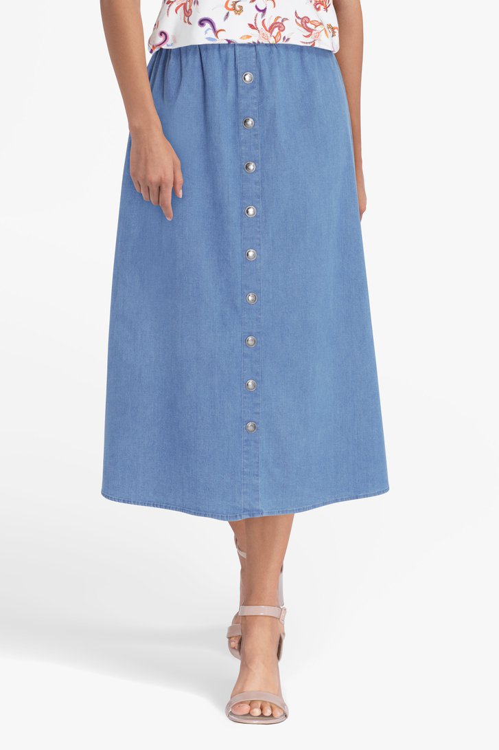 Blauwe rok in jeans look met elastische tailleband
