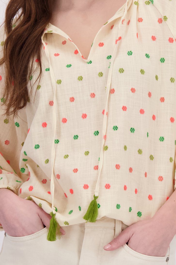 Détail de Blouse écru à pompons colorés de Geisha pour Femmes
