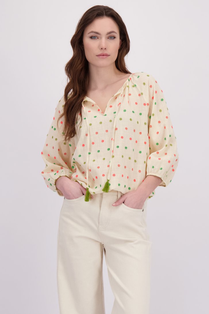 Le devant de Blouse écru à pompons colorés de Geisha pour Femmes