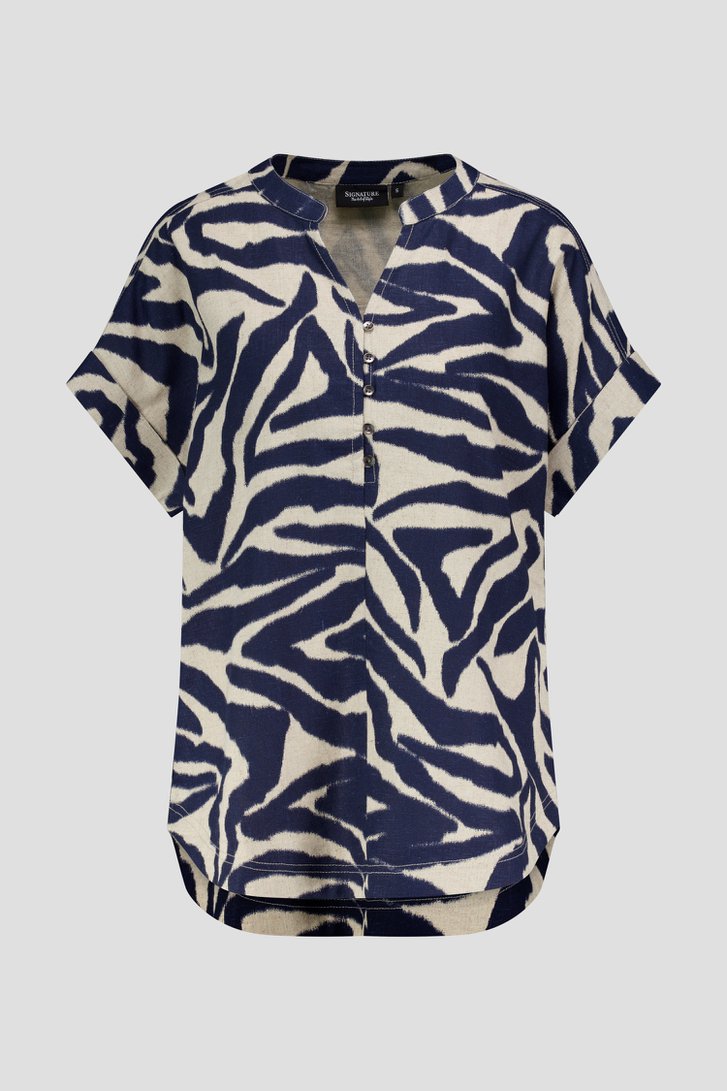 Blouse en lin beige clair à imprimé bleu foncé de Signature pour Femmes