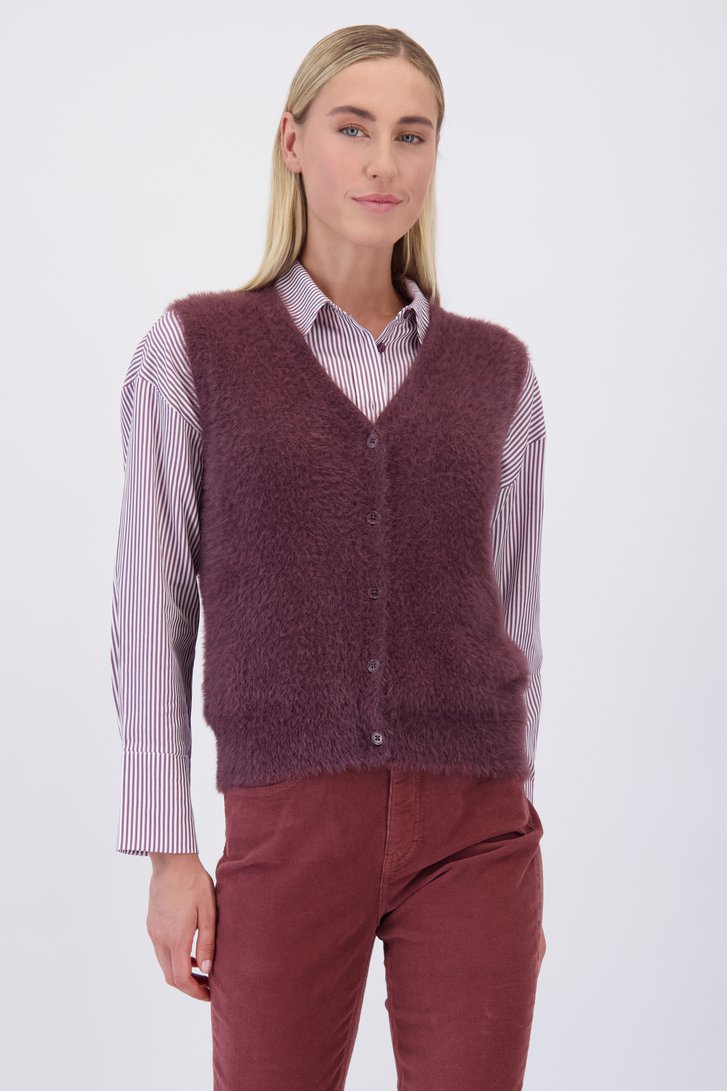 Voorkant van Bordeaux fluffy mouwloze cardigan door Liberty Island voor Dames