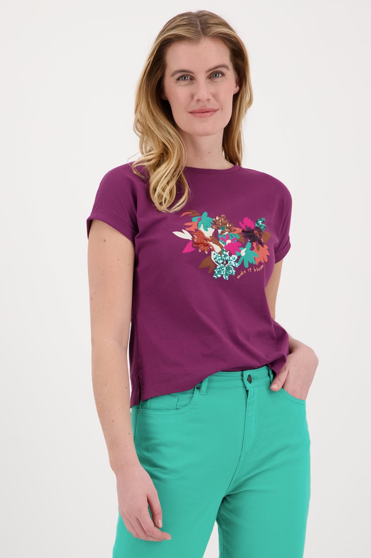 Bordeaux T-shirt met bloemen opdruk  van Libelle voor Dames