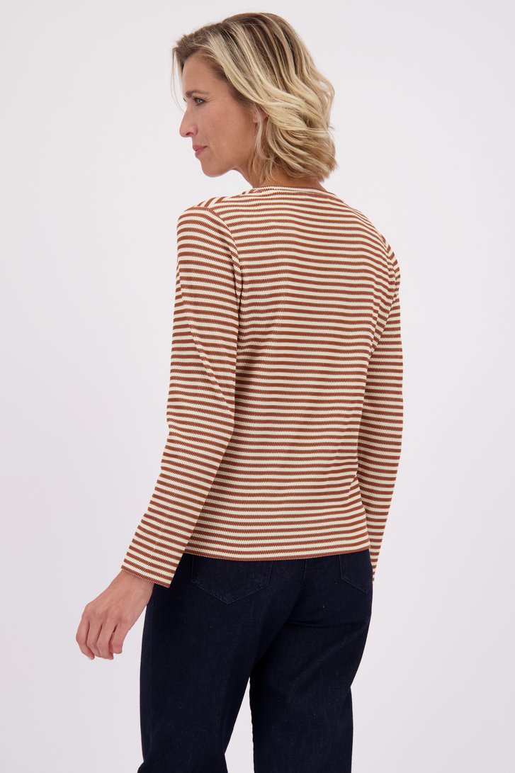 Achterkant van Bruin-beige gestreept T-shirt  door Claude Arielle voor Dames