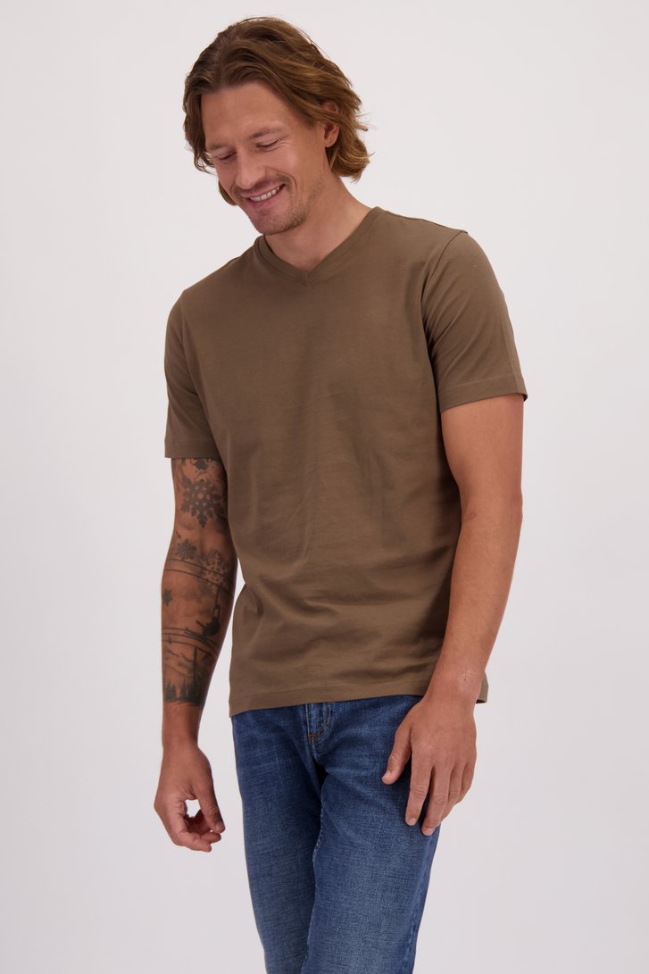 Voorkant van Bruin T-shirt met V-hals door Liberty Island voor Heren