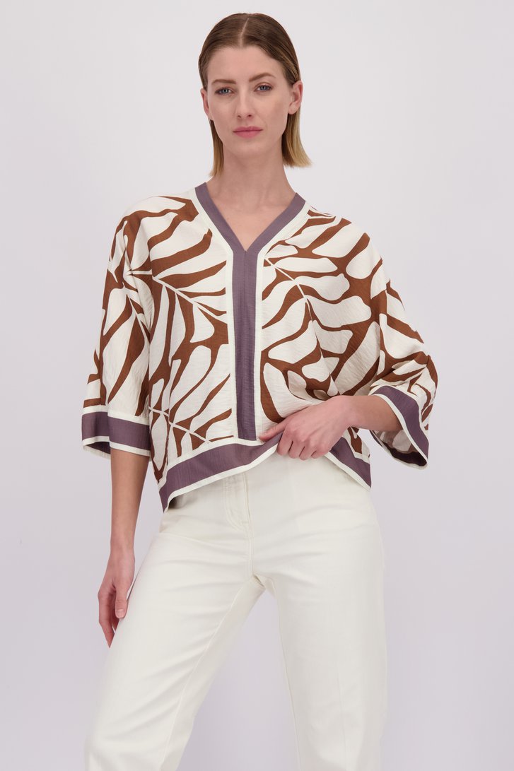 Voorkant van Bruine blouse met ecru bladerprint door D'Auvry voor Dames