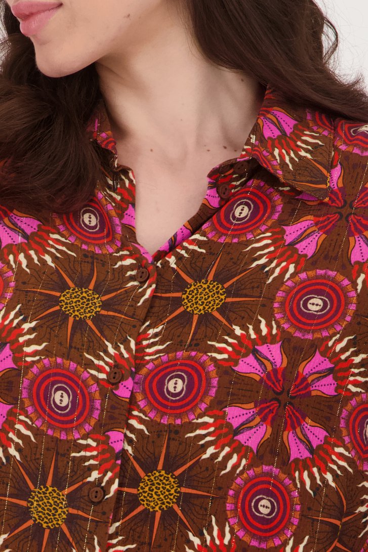 Bruine blouse met rood-roze print van Geisha voor Dames