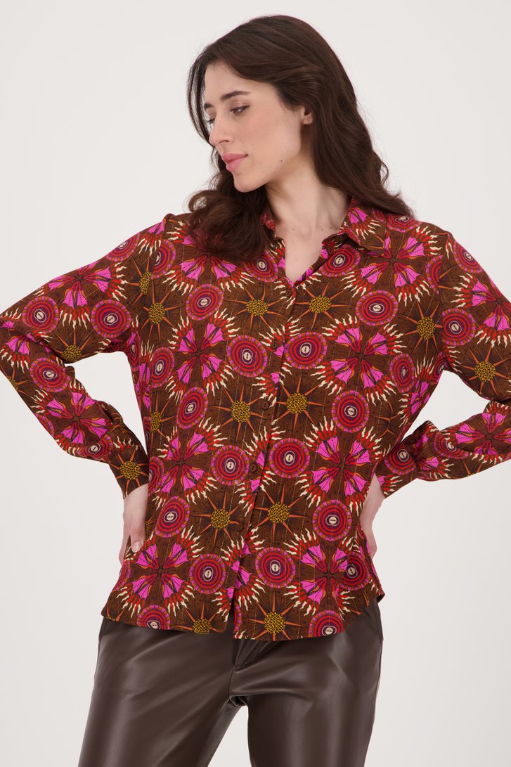 Bruine blouse met rood-roze print van Geisha voor Dames