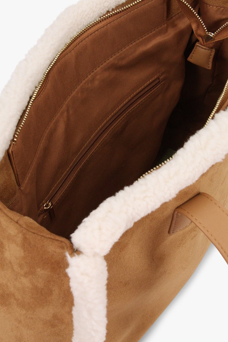 Bruine suède shopper met wollen details van Modeno voor Dames