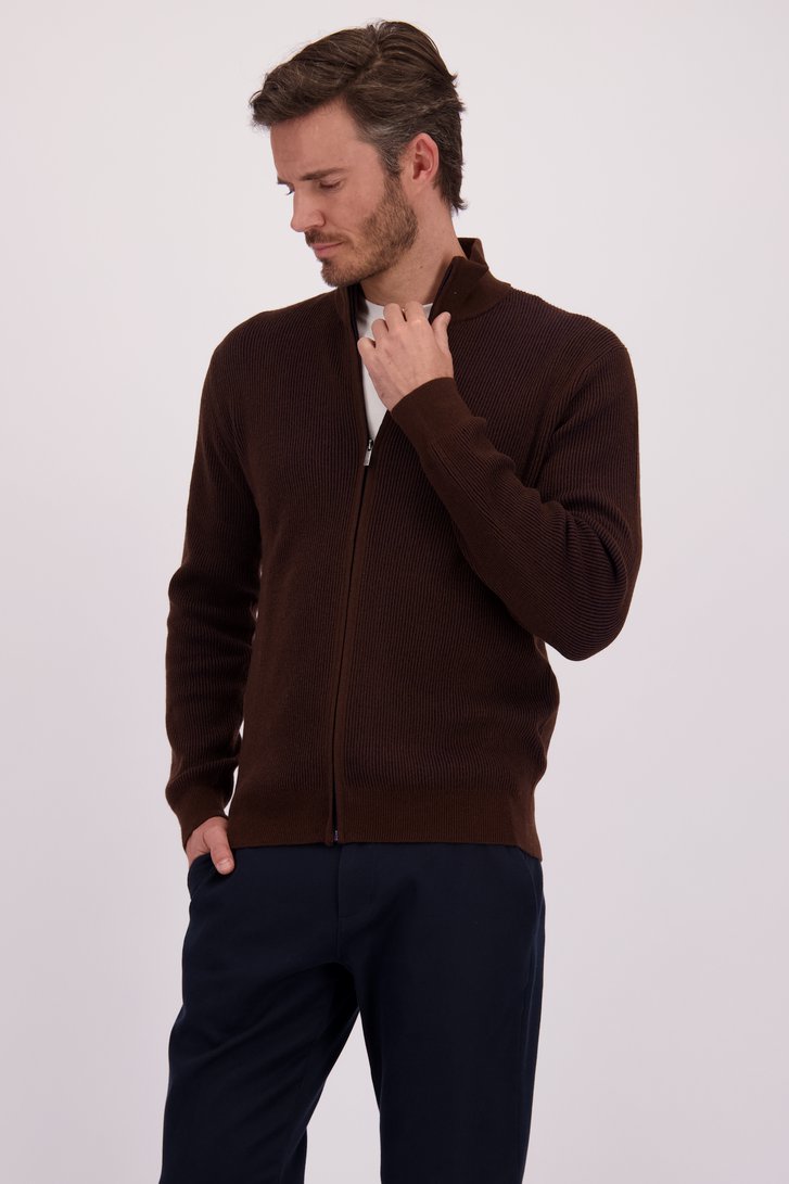 Voorkant van Bruine wollen cardigan met rits door Upper East voor Heren