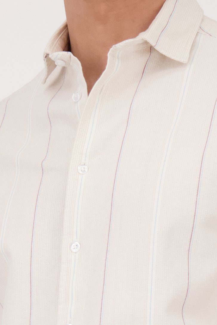 Chemise beige clair à rayures et manches courtes de Casual Five pour Hommes