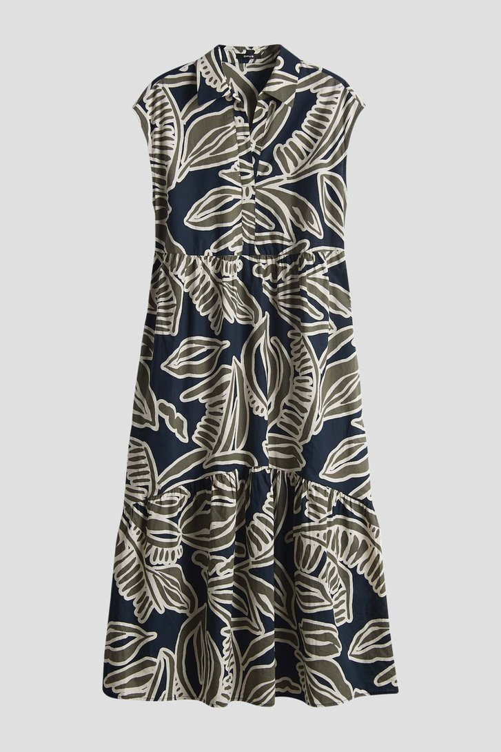 Donkerblauw midi kleedje met groene bladerprint van Opus voor Dames