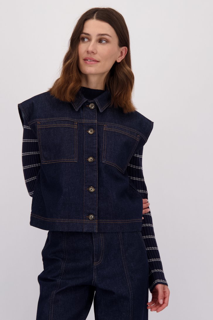 Voorkant van Donkerblauw mouwloos jeansvest  door LŌVING voor Dames
