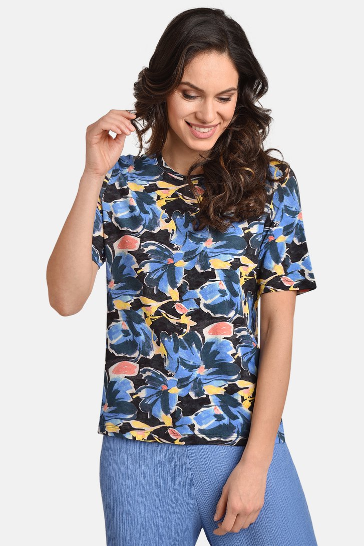 Donkerblauw T-shirt met bloemenprint van Bicalla voor Dames