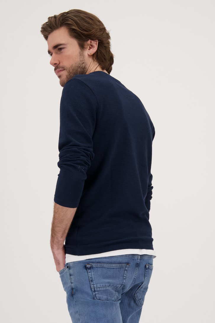 Donkerblauw T-shirt met geribbelde textuur van Ravøtt voor Heren