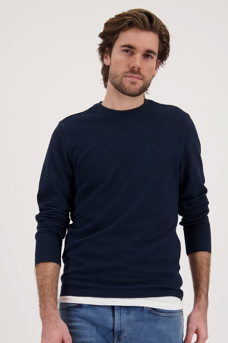 Donkerblauw T-shirt met geribbelde textuur van Ravøtt voor Heren
