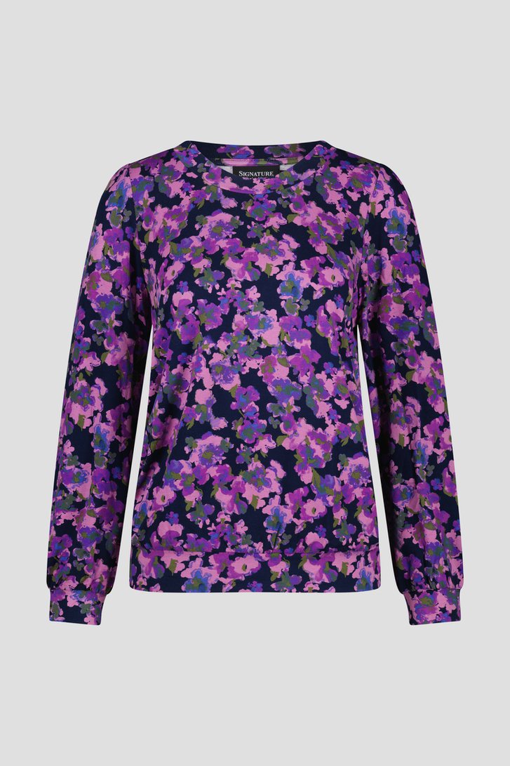 Donkerblauw T-shirt met paarse bloemenprint van Signature voor Dames