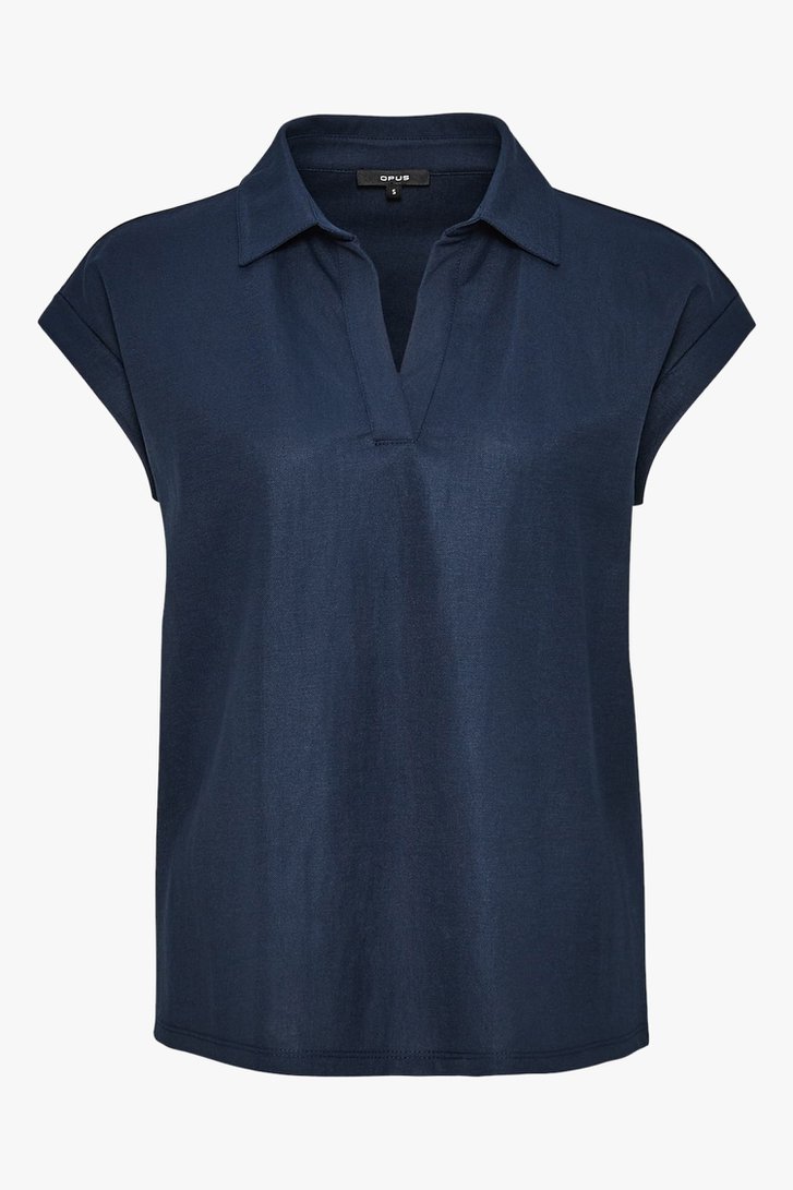 Donkerblauw T-shirt met V-hals en kraagje van Opus voor Dames
