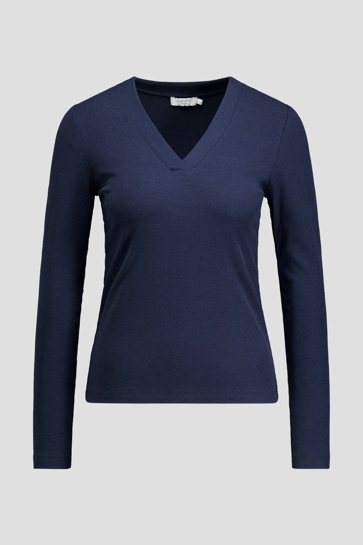 Productfoto 1 van Donkerblauw T-shirt met V-hals en lange mouwen door Liberty Island voor Dames