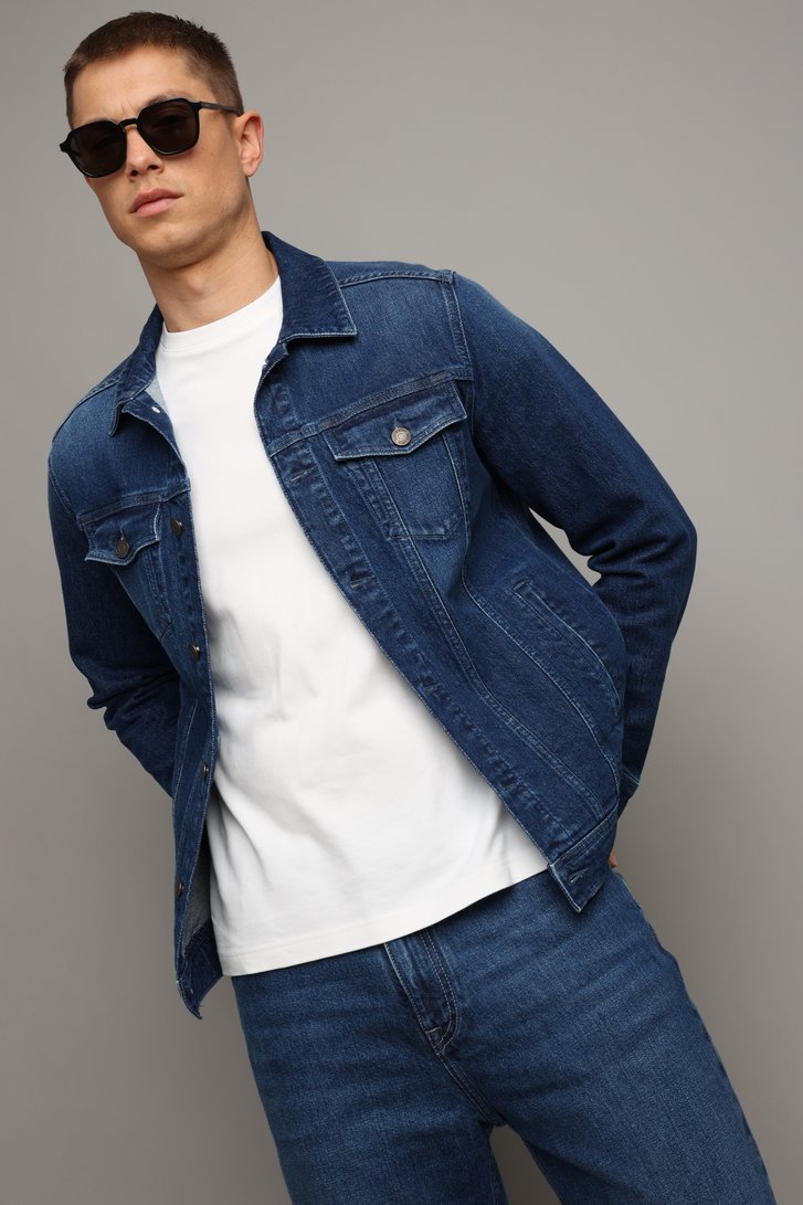 Voorkant van Donkerblauwe jeansvest door Liberty Island Denim voor Heren