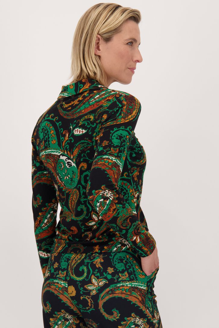 Achterkant van Donkerblauwe polo met groene paisley print door Claude Arielle voor Dames