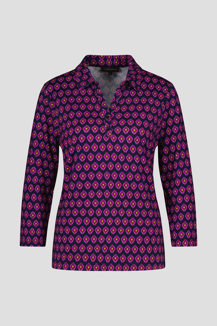 Donkerblauwe polo met paarse print van Claude Arielle voor Dames