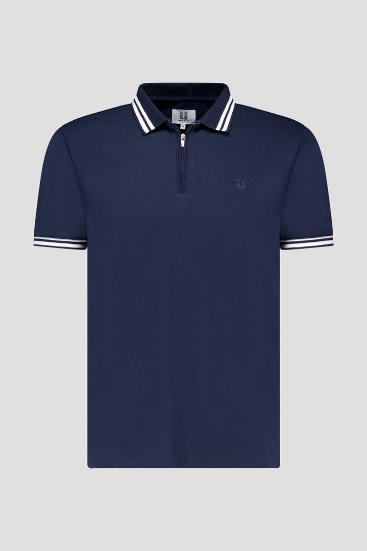 Donkerblauwe polo met rits en witte streep van Upper East voor Heren