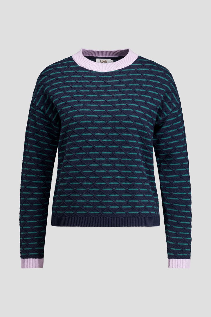 Productfoto 1 van Donkerblauwe trui met groene strepen door Libelle voor Dames