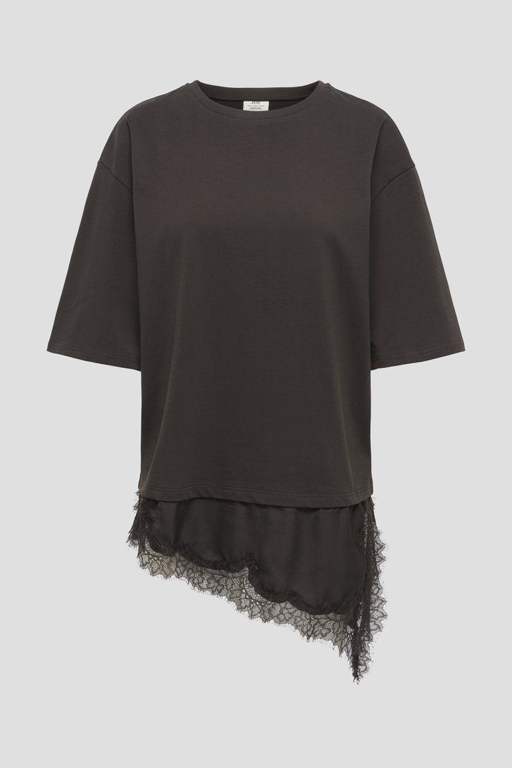 Productfoto 1 van Donkerbruin T-shirt met asymmetrisch kantdetail door JDY voor Dames