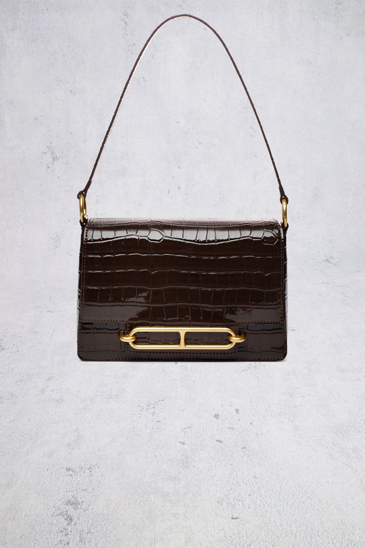 Voorkant van Donkerbruine handtas met krokodillenstructuur door Laurent David voor Dames