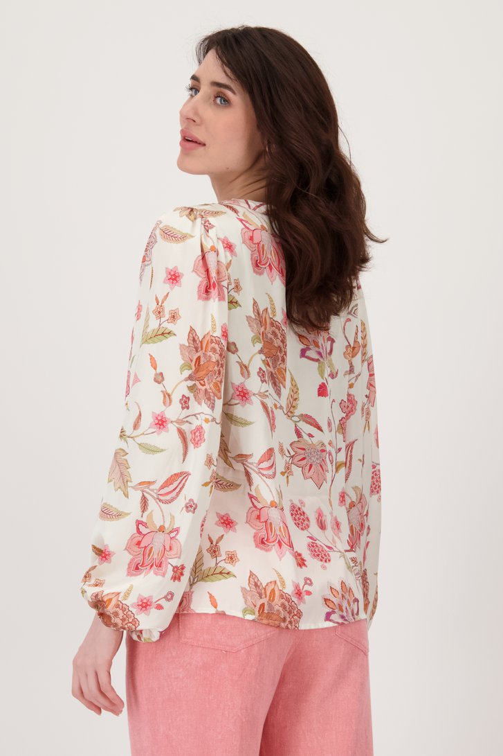 Ecru glanzende blouse met roze bloemenprint  van Geisha voor Dames