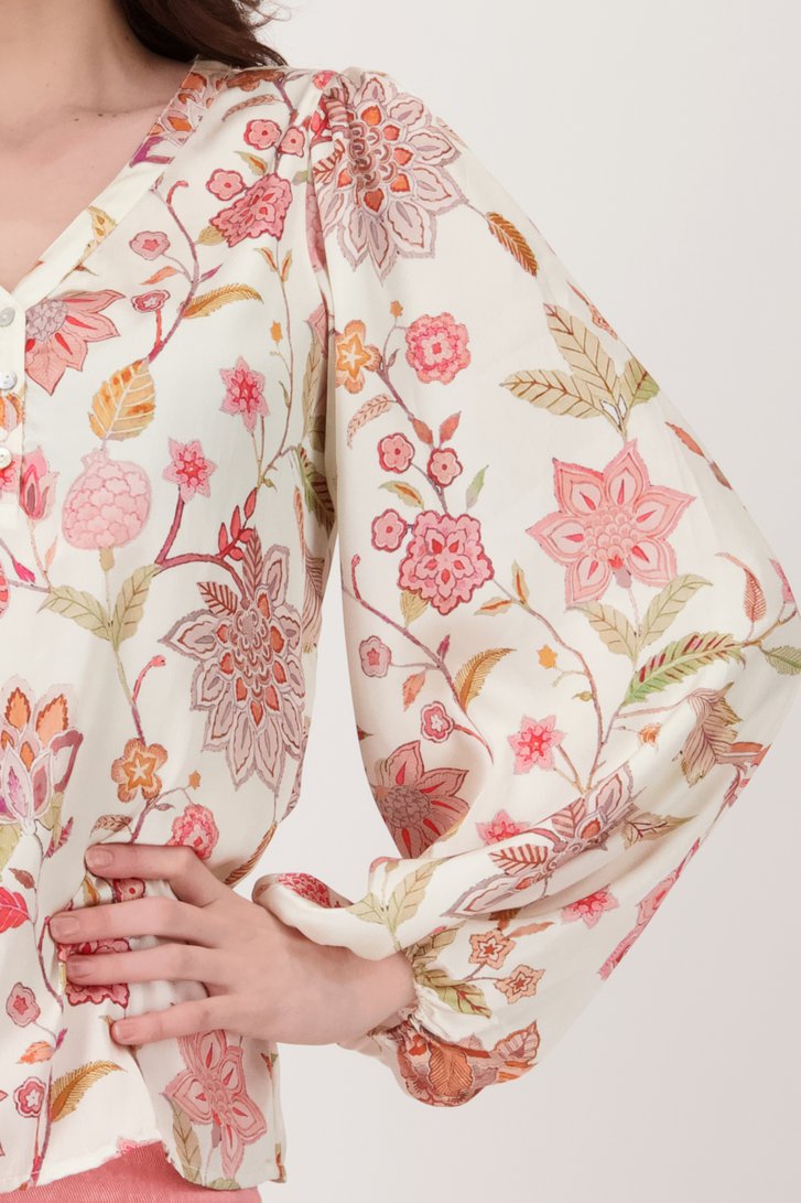 Ecru glanzende blouse met roze bloemenprint  van Geisha voor Dames